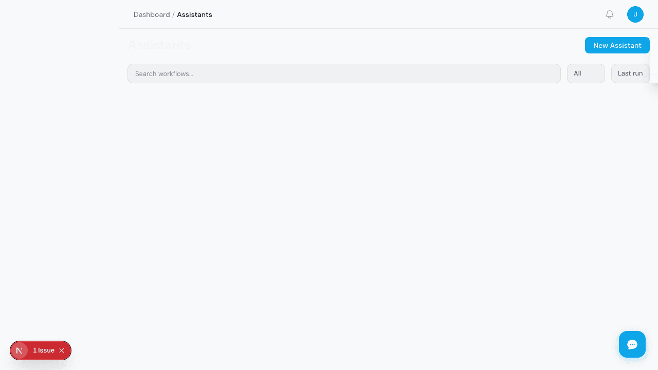 Assistants list view with search, status filters, and sorting options for team collaboration