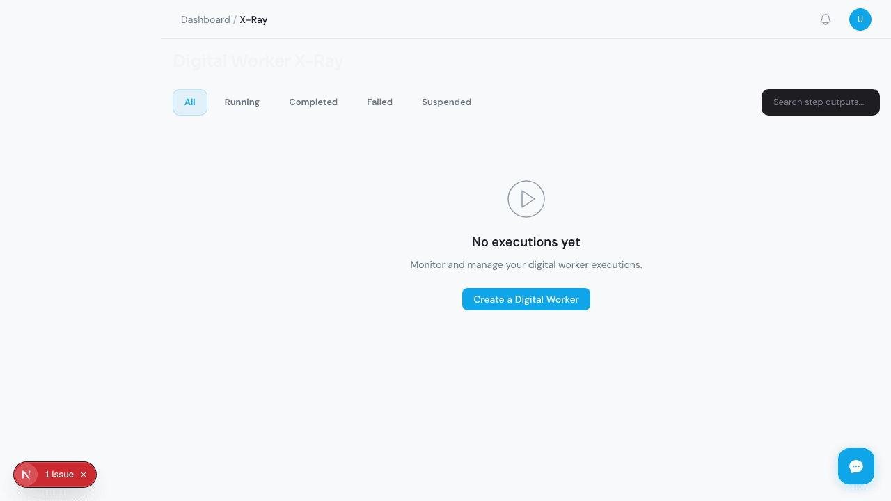 Execution tracking view with status filters and search for monitoring running workflows