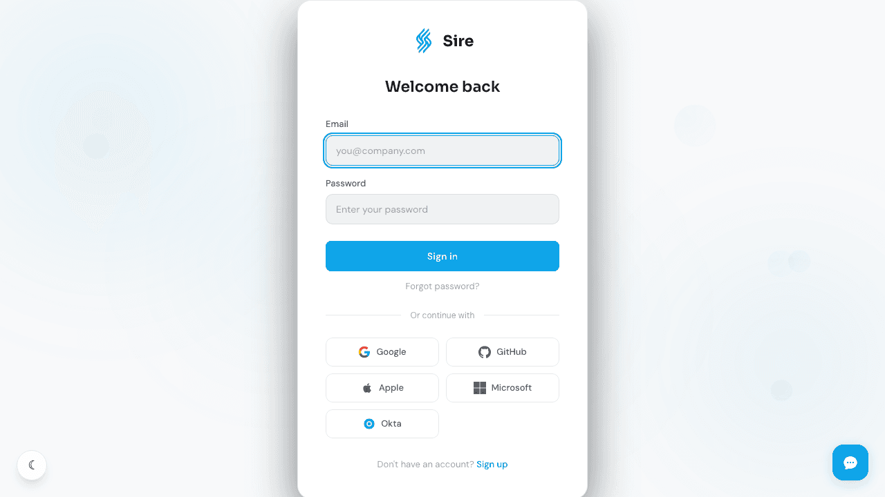 Sire sign-in page with email, password, and OAuth provider options