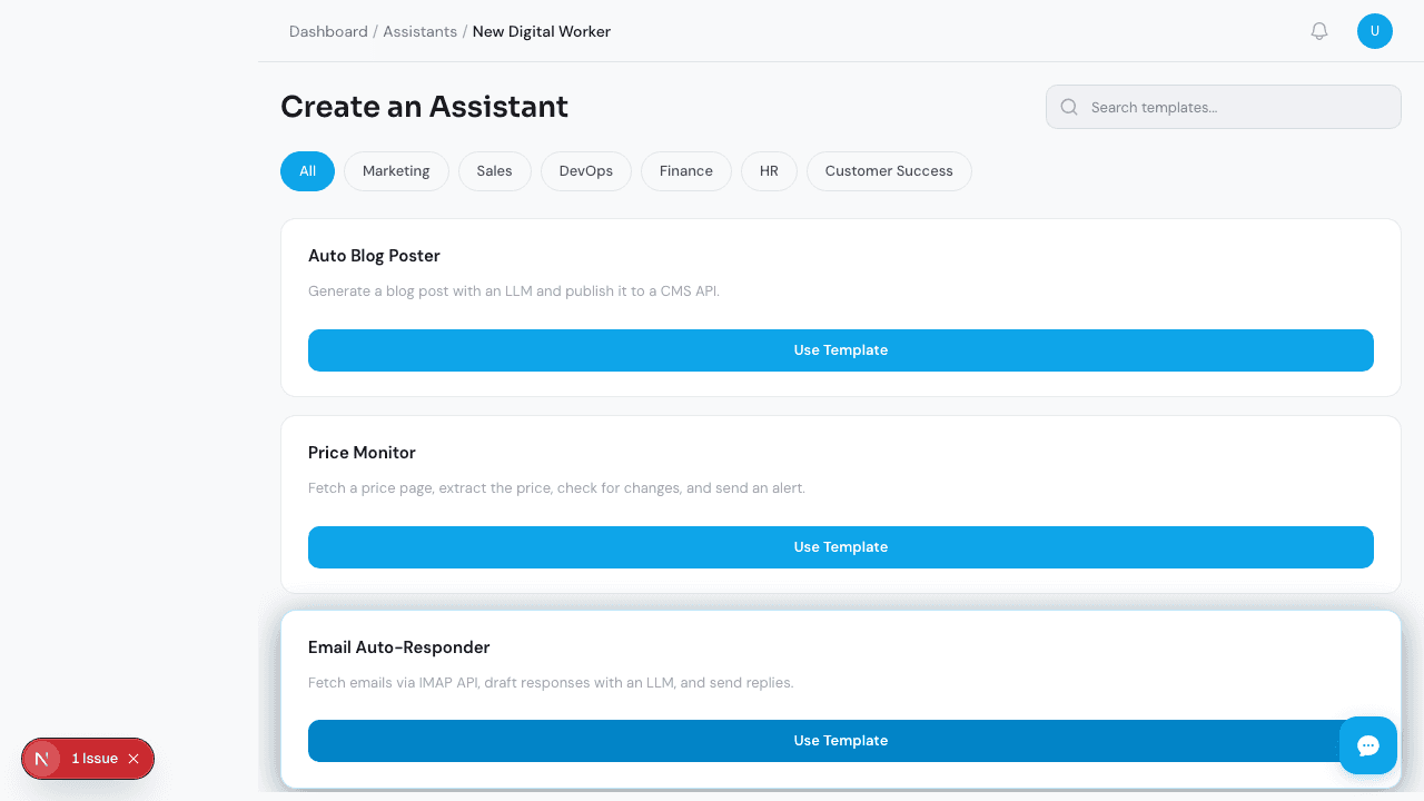 Template gallery showing available workflow templates organized by category